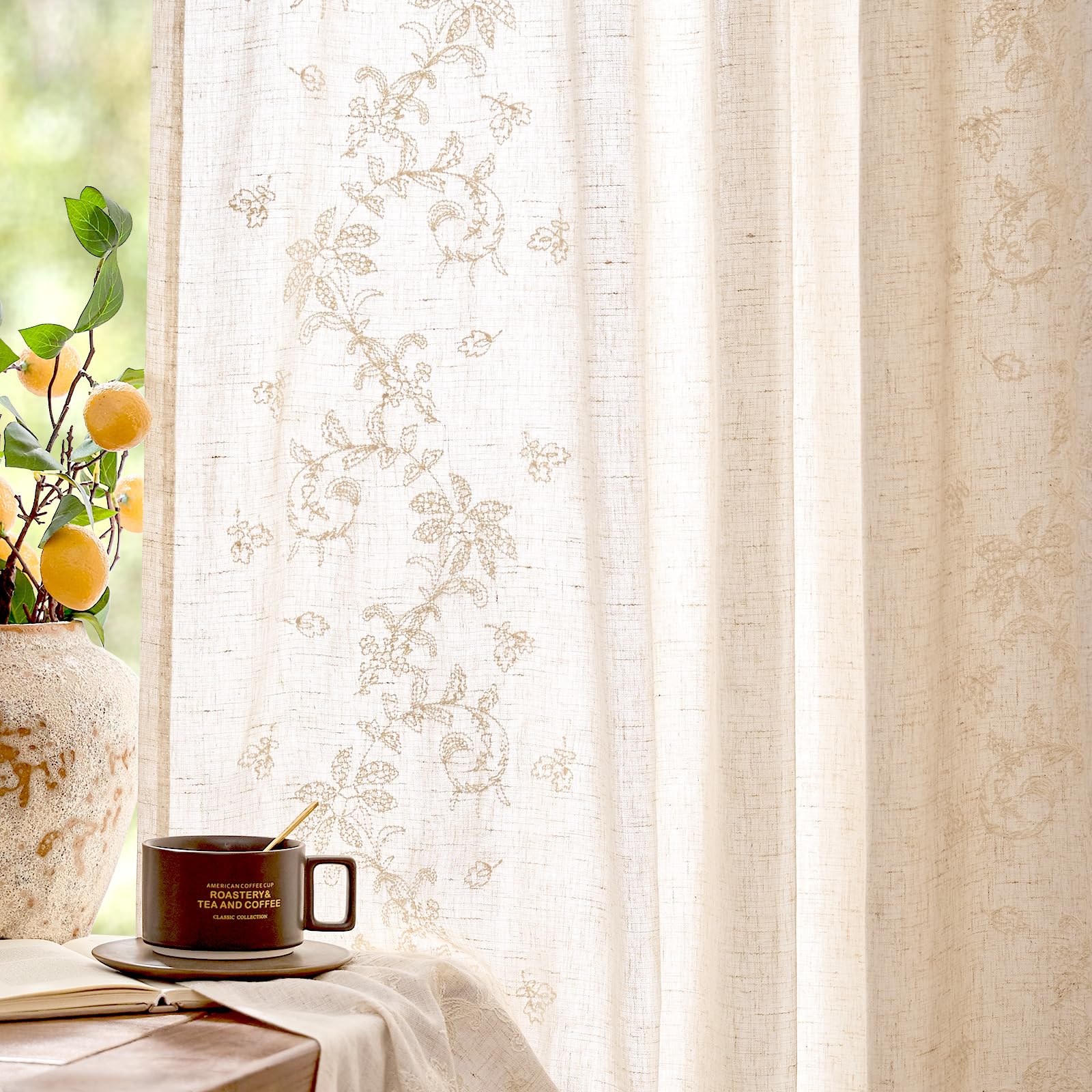 jinchan Floral Linen Curtains 84 Inch Farmhouse Backt Tab 2 Panels Ivory