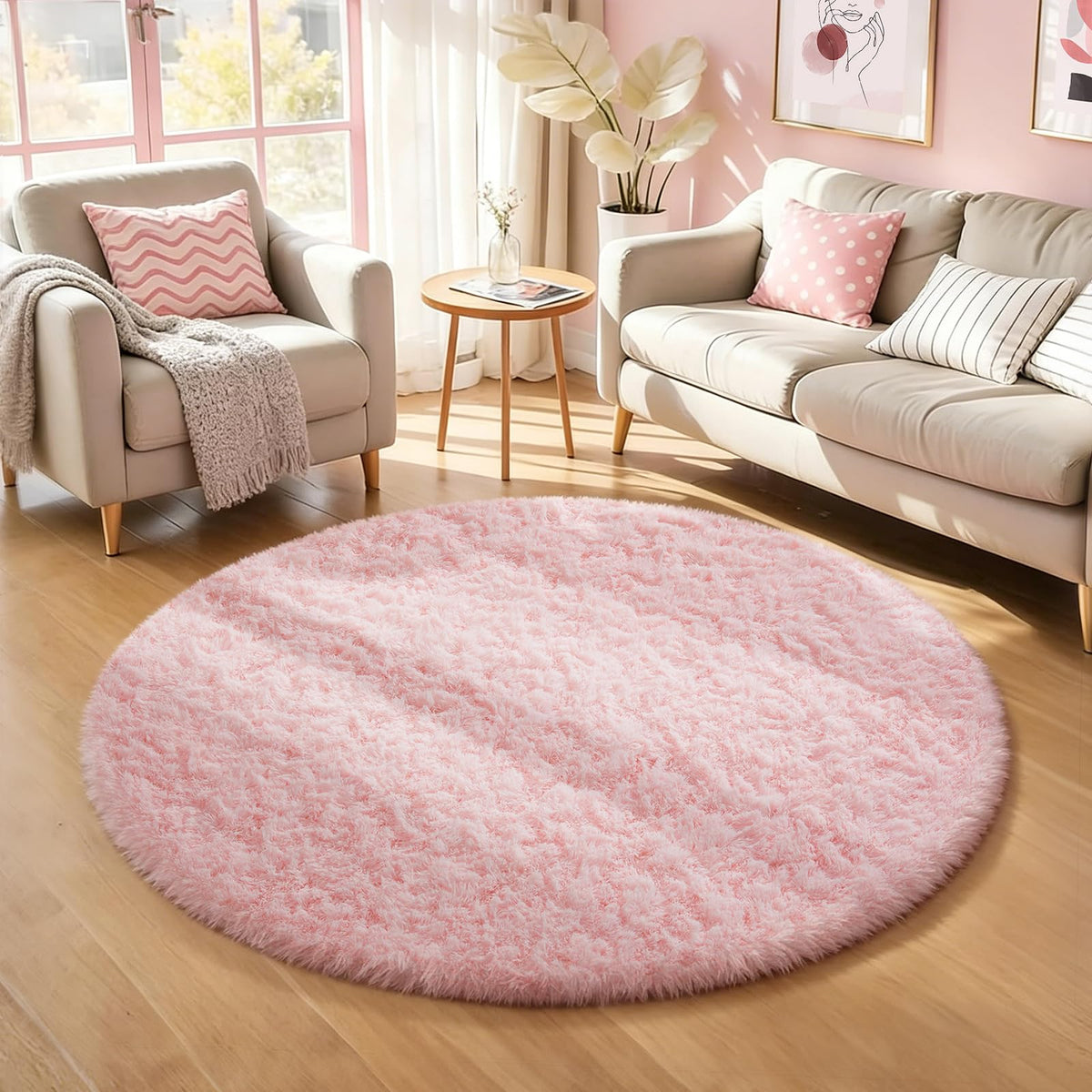 Ophanie Round Rug 4Ft White Circle Area Rug, Aesthetic Room Decor, Fluffy Fuzzy Bedroom Carpet, Plush Soft Shaggy Living Room Rugs for Kids Home, Nursery with 99 pcs Pile fibers