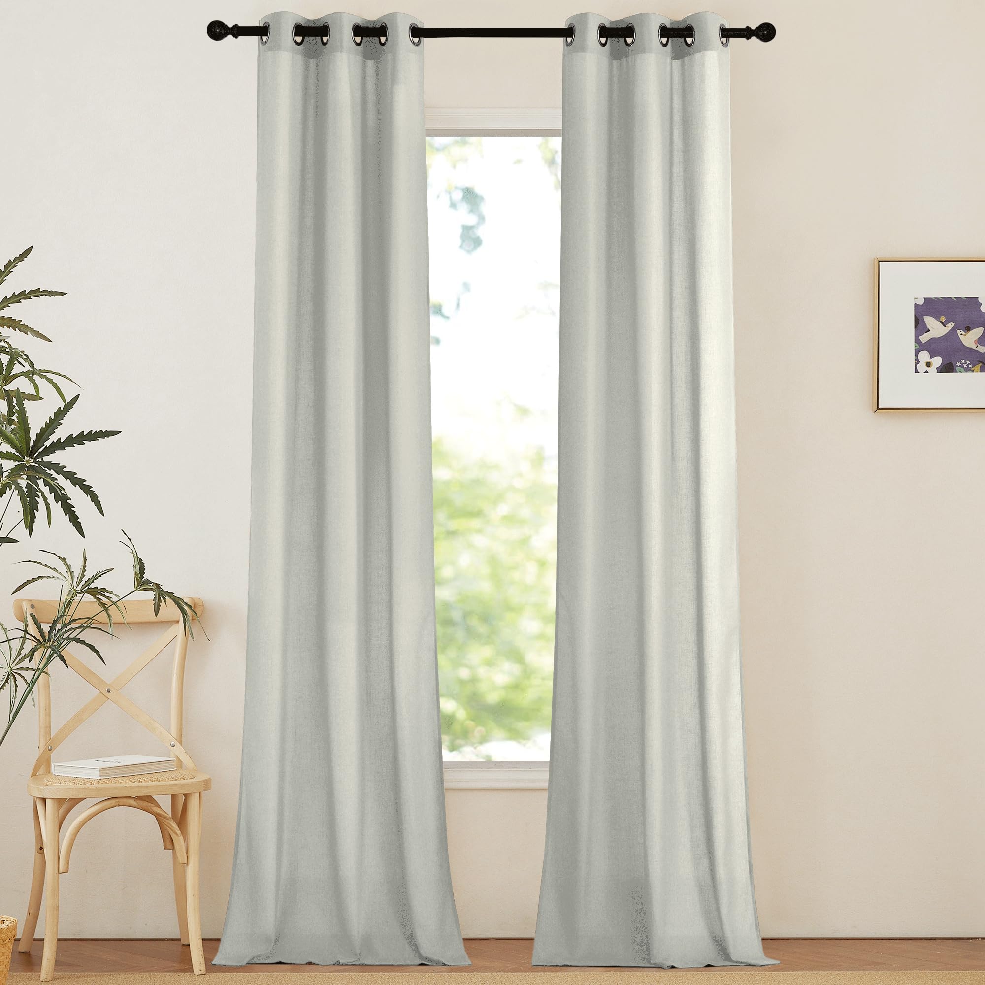 NICETOWN Linen Curtains 96 inches Long for Living Room, Grommet Semi Sheer Drapes Linen Weave Window Treatments Privacy Added with Light Filtering for Bedroom, Gray, W34 x L96, 2 Panels