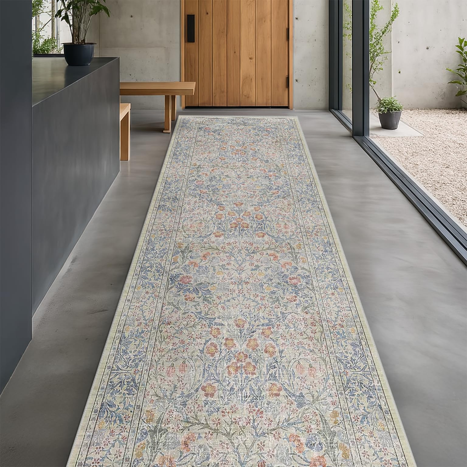 Vintage Beige Blue 3x12 Runner Rug for Hallway, Kitchen, Bathroom, Entryway Indoor, Washable Non Slip Rubber Backing Stain Resistant - Botanical Home Decor