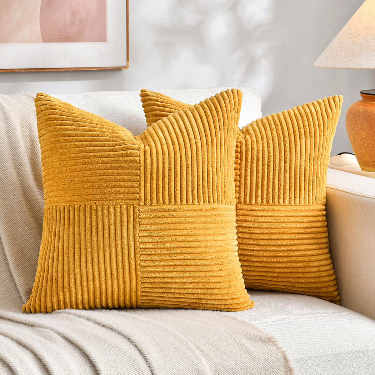 Fancy Homi 2 Packs Cream White Samll Decorative Throw Pillow Covers 14x14 Inch with for Couch Bed Sofa, Rustic Farmhouse Boho Home Decor, Soft Corss Patchwork Corduroy Square Cushion Case 35x35 cm