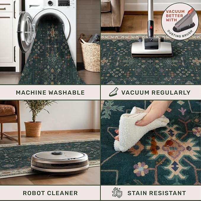 Hazo Haus Vintage Dark Green 6x9 Dining Room Rugs for Under Kitchen Table - Washable Livinig Room Rug - Unique Floral Pastel Low Pile Non-Slip Large Area Rugs for Bedroom