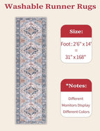 SERISSA Runner Rug for Hallways, 2'6"x14' Washable Non Slip Kitchen Runner Rug, Extra Long Boho Rug Ultra Soft Vintage Blue Orange Floor Carpet for Bedroom Hallway Entryway Bathroom Laundry Room