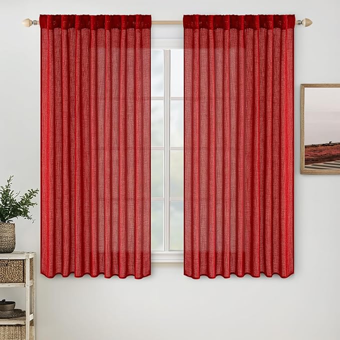 MIULEE Red Linen Short Curtains 52x63 Inch Long 2 Panel for Kitchen Bedroom