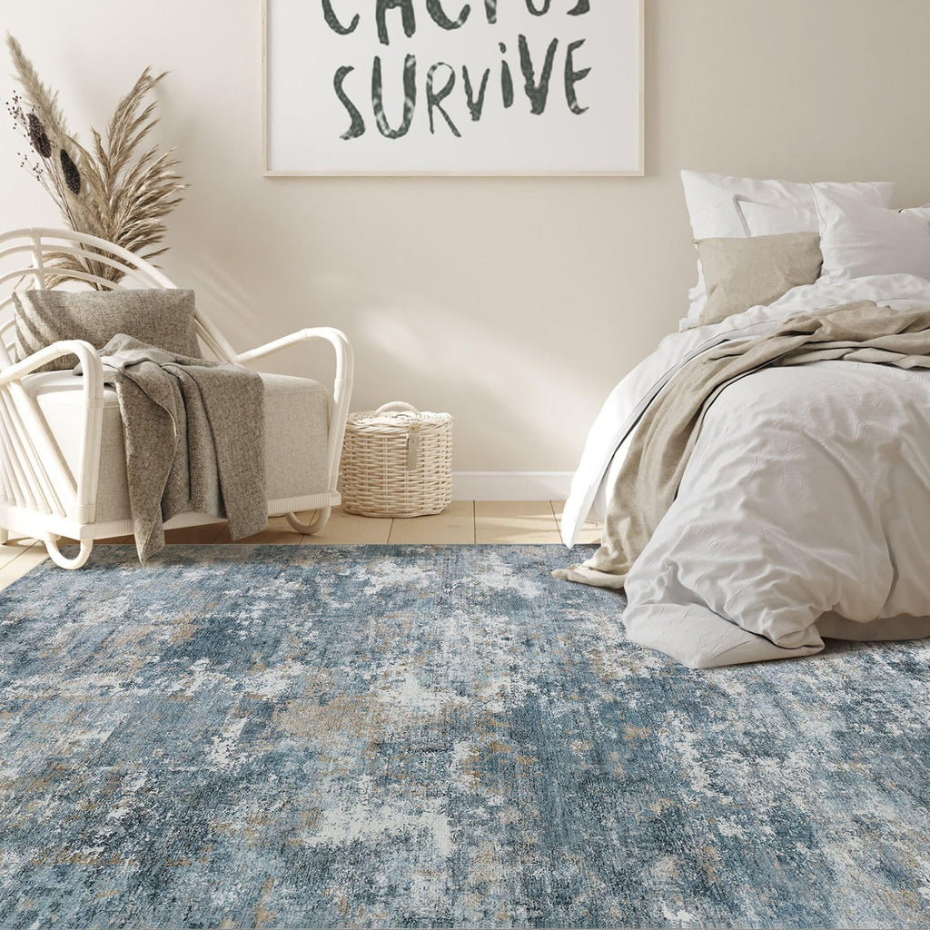 Nakagishi 6x9 Area Rugs Living Room: Washable Abstract Large Neutral Soft Rug Stain Resistant Modern Indoor Floor Non-Slip Carpet for Bedroom Nursery Kids Playroom Office Dining Room Dorm-Blue Brown