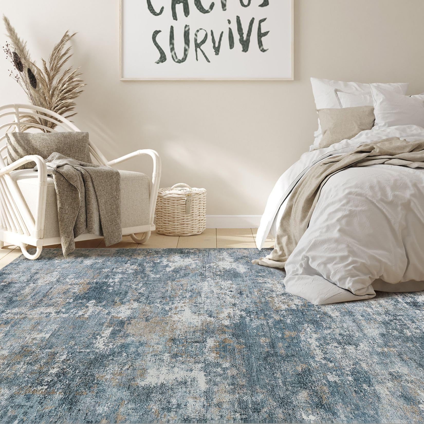Nakagishi 6x9 Area Rugs Living Room: Washable Abstract Large Neutral Soft Rug Stain Resistant Modern Indoor Floor Non-Slip Carpet for Bedroom Nursery Kids Playroom Office Dining Room Dorm-Blue Brown
