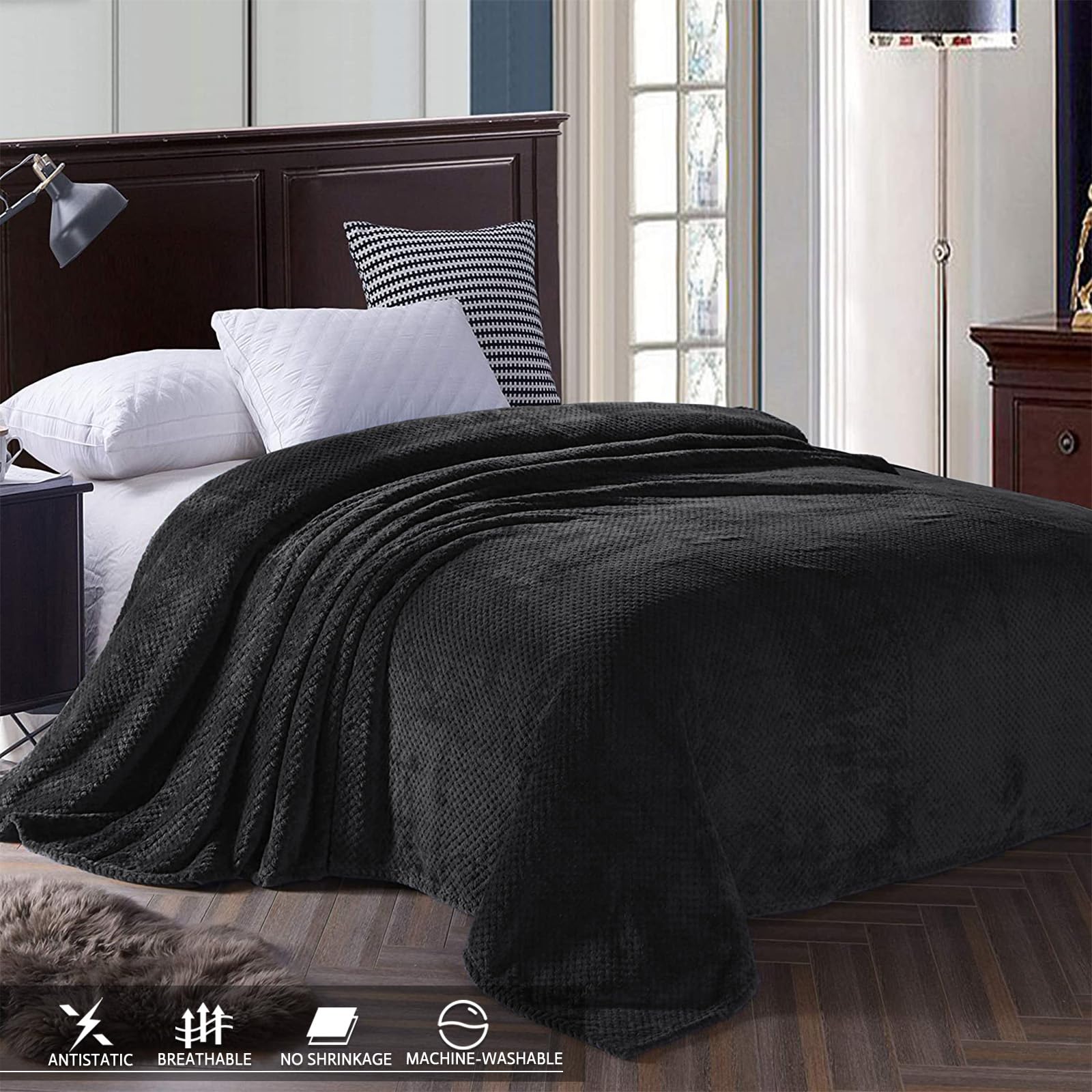 Exclusivo Mezcla Soft Waffle Fleece Bed Blanket Queen Size, Black