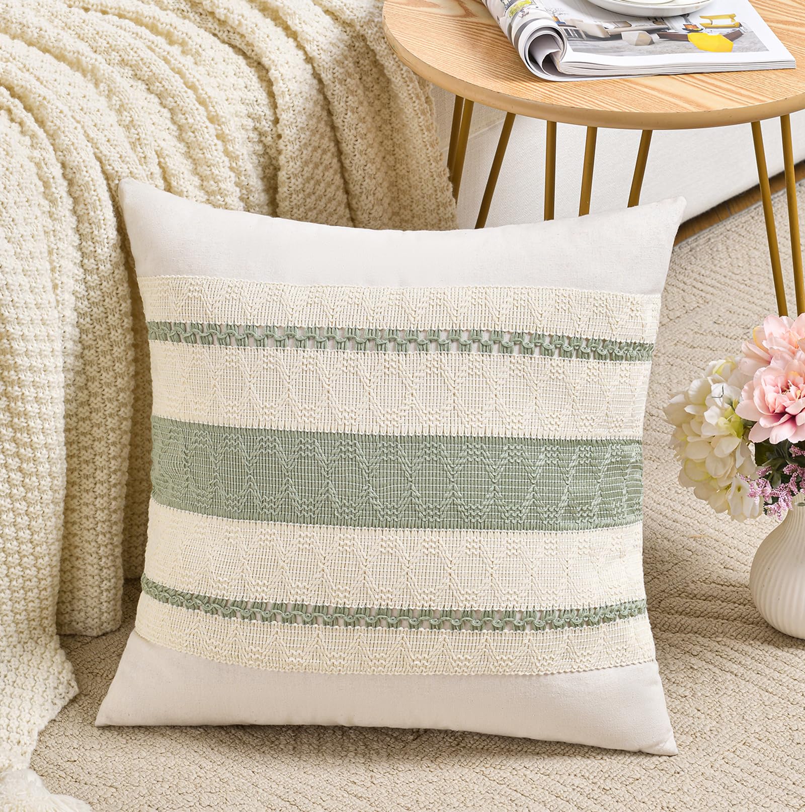 Fancy Homi Set of 1 Sage Green Boho Decorative Throw Pillow Covers 22x22 Inch for Living Room Bedroom Couch Bed Indoors, Rustic Retro Cushion Case 55x55 cm, Bohemian Room Home Decor