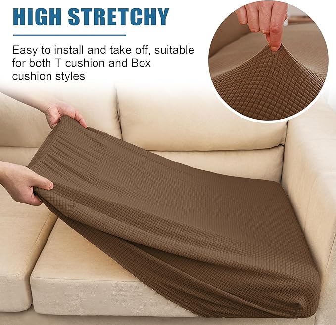 Water Resistant Couch Cushion Covers, Stretch Sofa Seat Slipcover for 3 Cushion Couch Sofa, Thick RV Dinette Cushion Covers Furniture Protector, Washable (Large, Coffee)