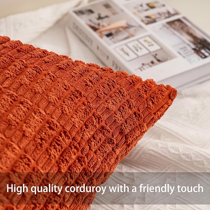 Pack of 2 Corduroy Decorative Throw Pillow Covers 26x26 InchSoft Striped Pillow Covers Modern Farmhouse Home Decor for Sofa Living Room Couch Bed（Rust）