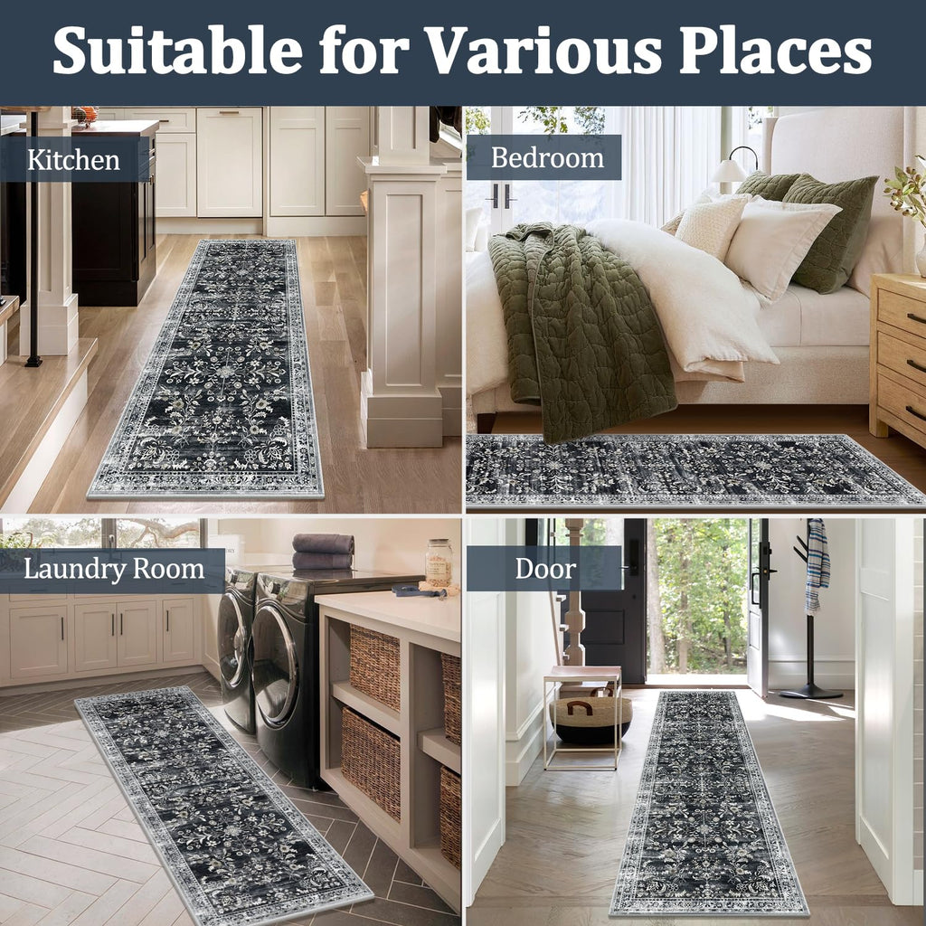 Yamaziot 2x6 Washable Hallway Runner Rug Non Slip Floral Carpet, Black