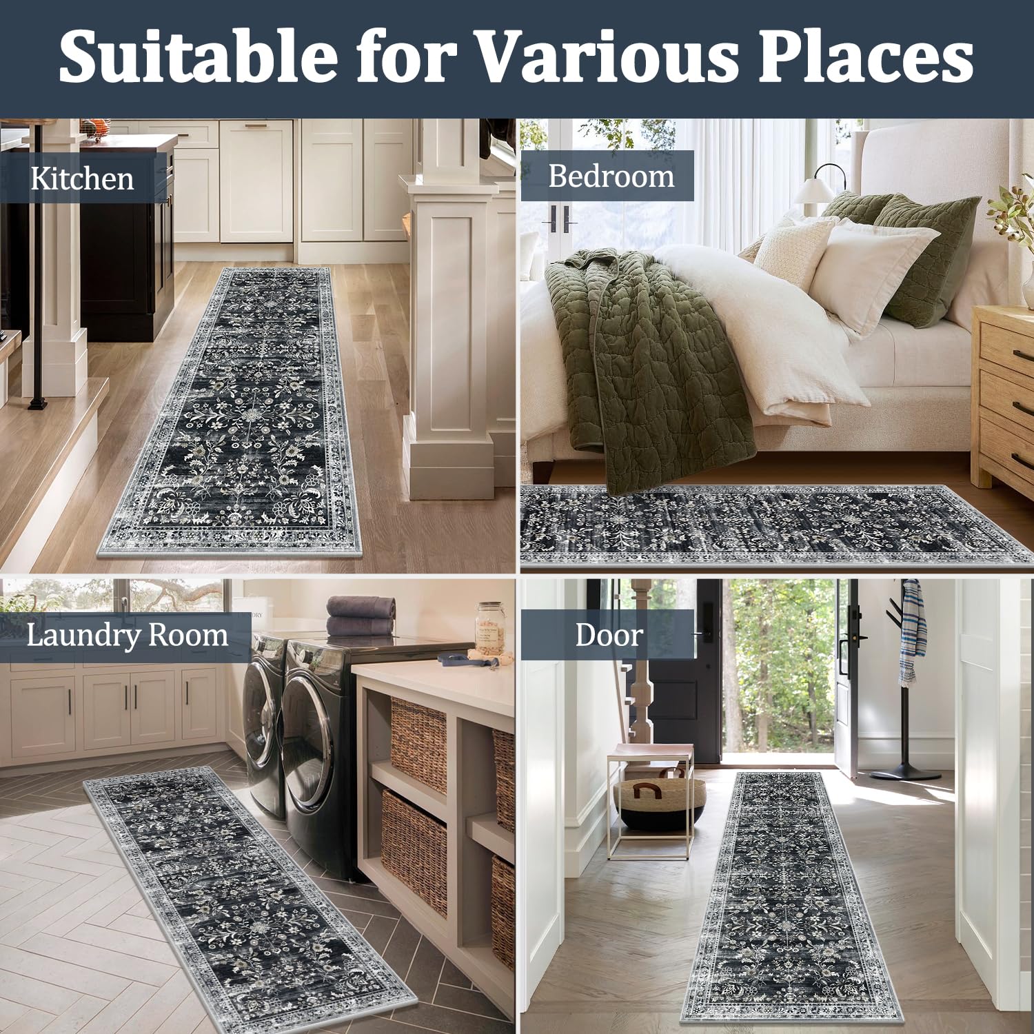 Yamaziot 2x6 Washable Hallway Runner Rug Non Slip Floral Carpet, Black
