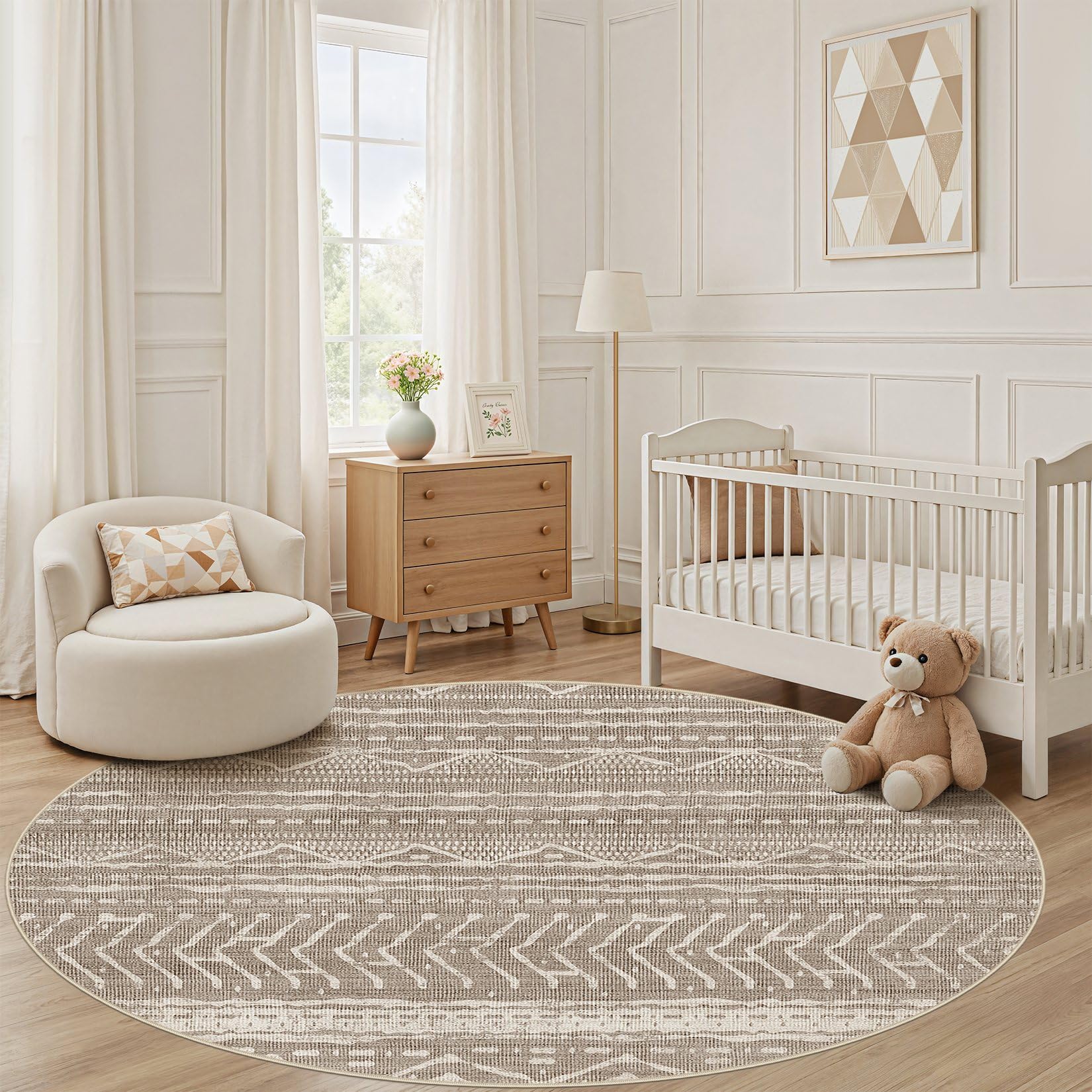 Nakagishi Area Rug Living Room Rugs: 4X4 Machine Washable Boho Large Neutral Farmhouse Stain Resistant Moroccan Indoor Floor Carpet for Bedroom Nursery Dorm Dining Room Home-Dark Brown