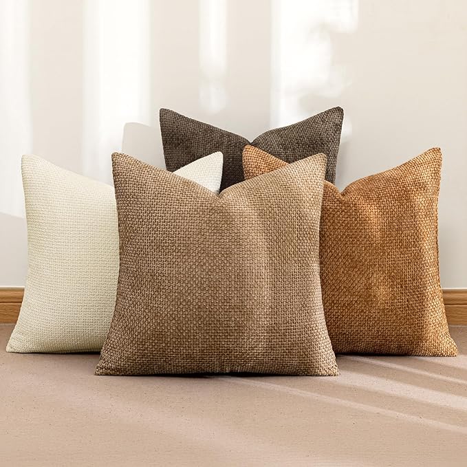 MIULEE Soft Decorative Chenille Fall Pillow Covers Brown 18x18 Pack of 4
