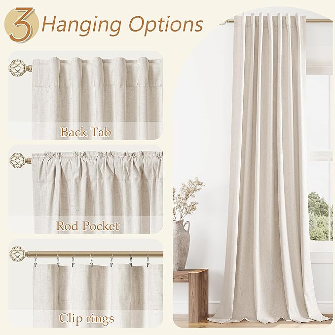 Guken 100% Blackout Linen Curtains 126 Inch Length 2 Panels Set for Living Room Bedroom Back Tab Thermal Insulated Black Out Drapes Room Darkening Farmhouse Style for Bedroom Window Curtains 52x126