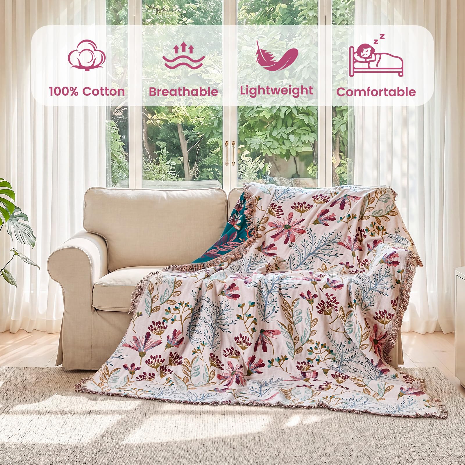MSGKV Boho Throw Blanket 50"x60" 100% Cotton Floral Throw for Couch Sofa
