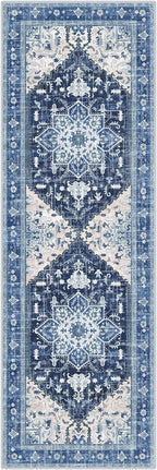 Yamaziot Washable Runner Rug, 2x6 Non-Slip Boho Vintage Hallway Rug Runner with Rubber Backing, Stain Resistant & Low Pile Faux Wool Distressed Carpet Runner for Kitchen, Laundry, Entrance, Blue