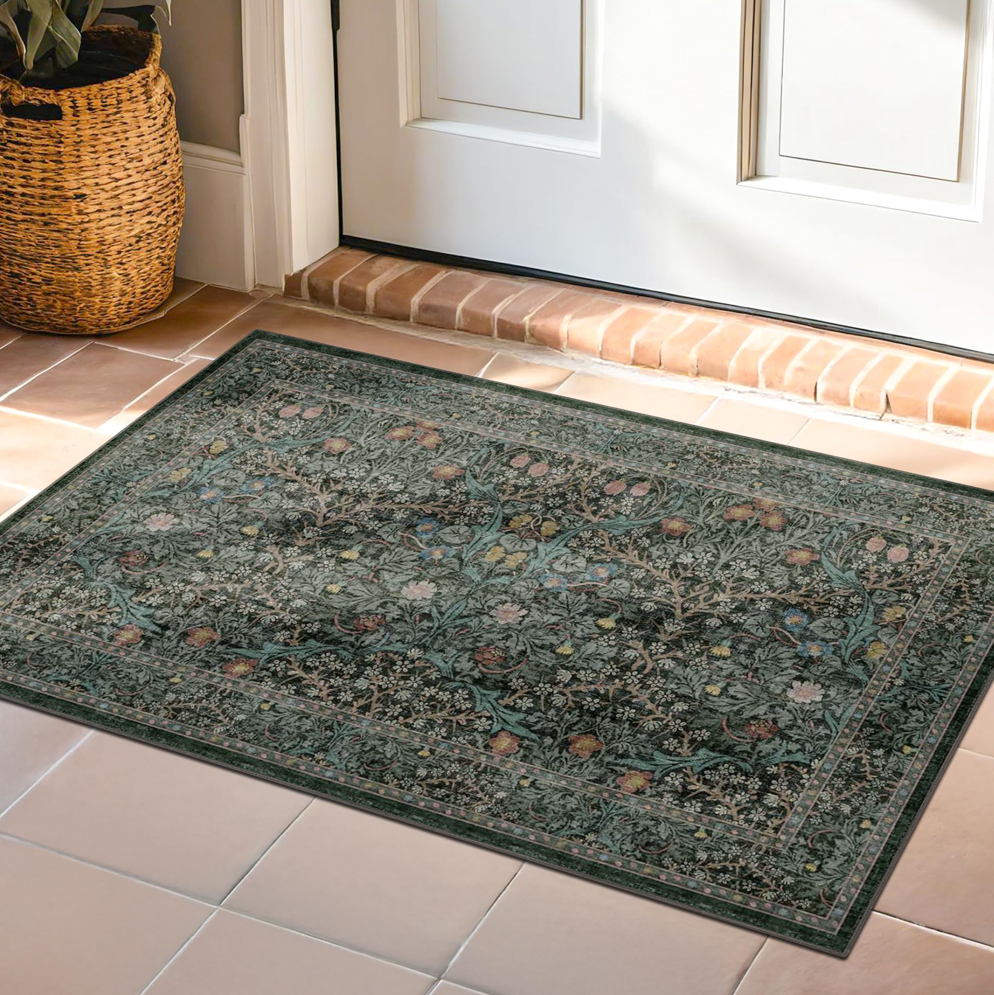 Dark Green Washable Entry Rug - Front Door Throw Rugs Indoor, Non-Slip Bathroom Small Rugs, Vintage Floral Thin Rug for Kitchen, Boho Entryway Décor (2x3 Dark Green)
