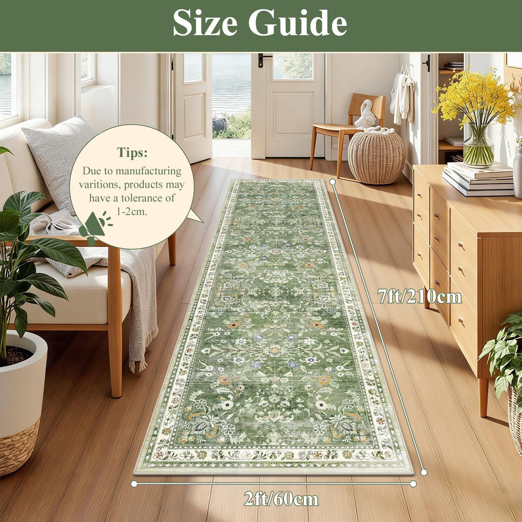 Yamaziot 2x7 Washable Hallway Runner Rug Non Slip Floral Carpet, Sage Green