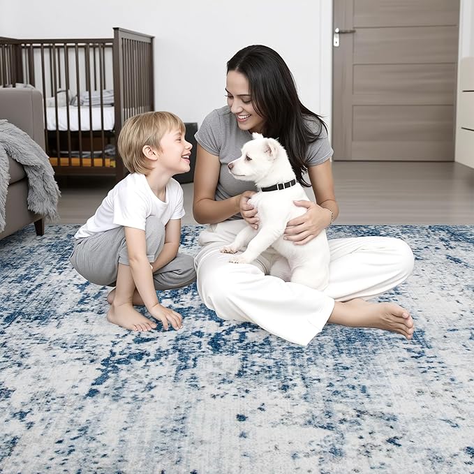 FXRHLP 8x10 Area Rug Living Room: Modern Washable Indoor Soft Carpet Blue