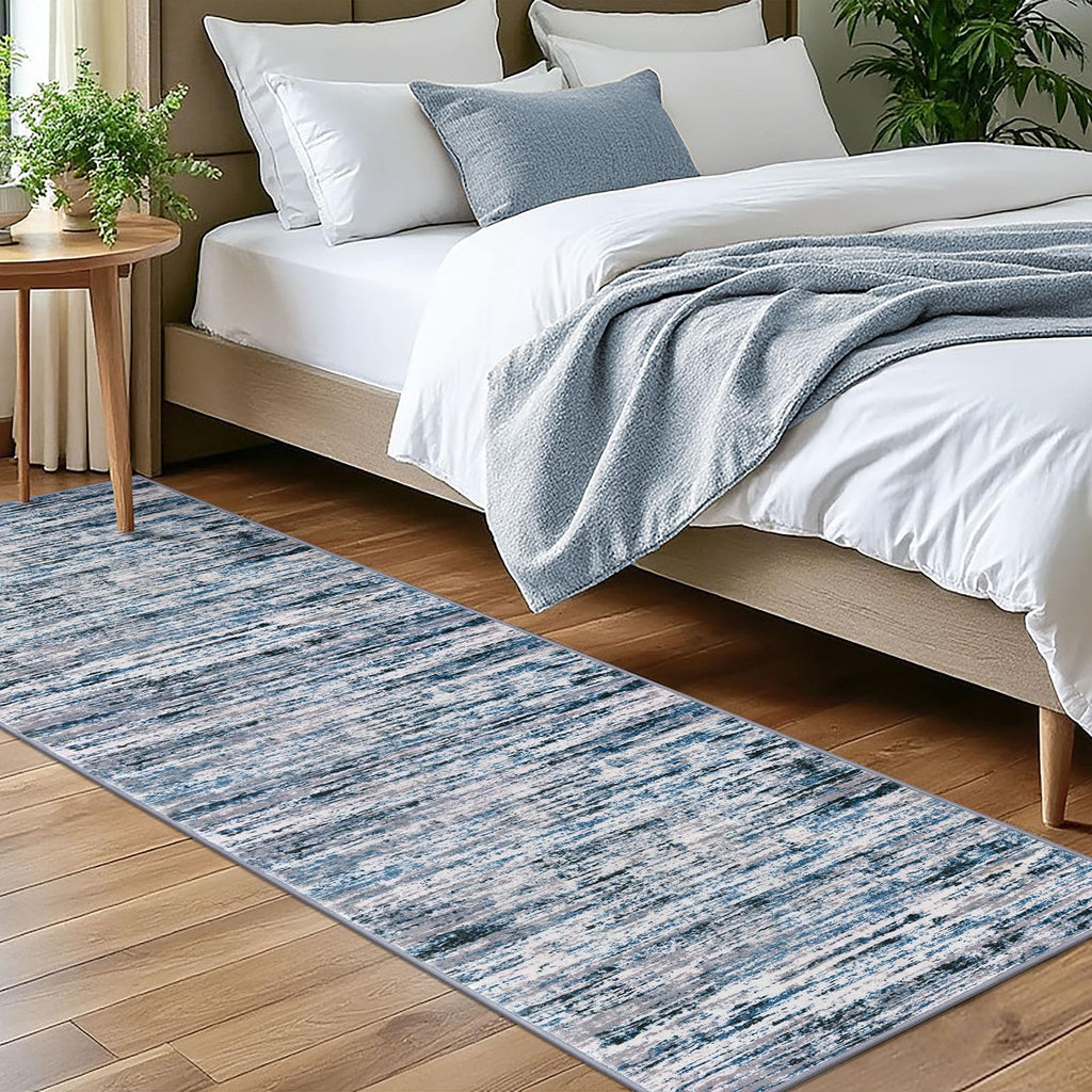 Lansny Modern Abstract Bedroom Runner Rug 2x7, Grey Blue White Washable Kitchen Runner, Non-Slip Soft Thin Faux Wool Mat for Entryway, Hallway, Laundry Room, Indoor Home Decor