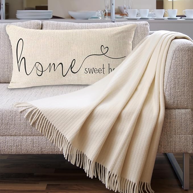 MFGNEH Home Sweet Home Quotes Farmhouse Pillow Covers 12x20 Inch,Farmhouse Decorative Lumbar Throw Pillow Case Cushion Cover,Housewarming Gift