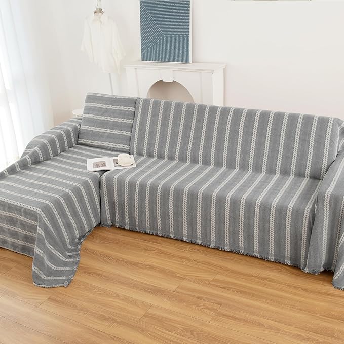 KaviKon Couch Cover for Dogs, Boho Sofa Covers for 3 Cushion Couch, Chenille Sofa Slipcover for Pets Washable, L-Shape Sectional Loveseat Cover Soft Throw Blankets with Tassels(71x134,Striped Grey)