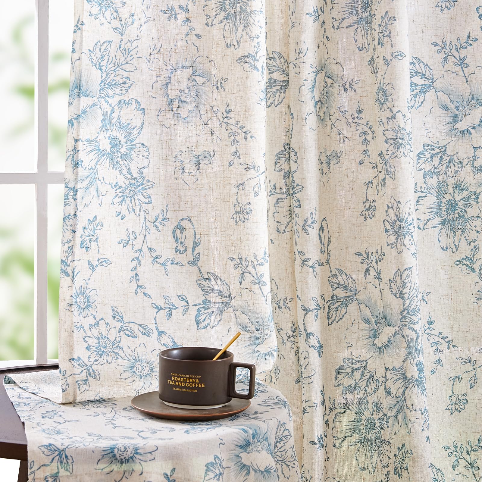 jinchan Vintage Floral Linen Curtains 54 Long for Living Room 2 Panels