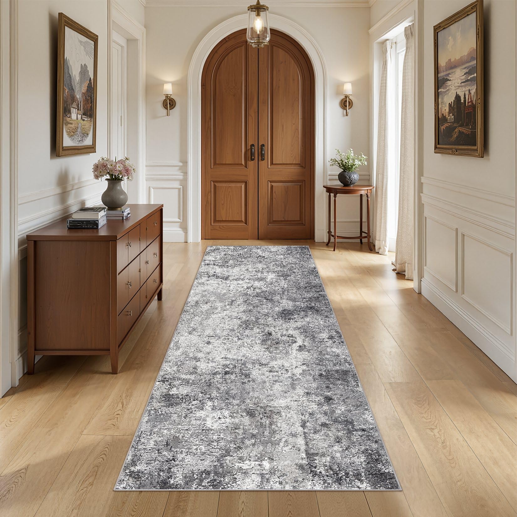 UERMEI 3x8 Washable Runner Rug for Hallway, Non Slip Low Pile Kitchen Carpet, Neutral Modern Abstract Indoor Floor Mat for Entryway Laundry, Kid & Pet Safe High Traffic Area, Grey