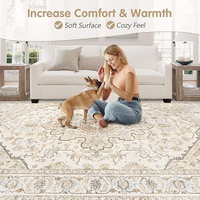 Area Rugs 9x12 Vintage Rug: Large Washable Living Room Rug Retro Medallion Distressed Soft Low Pile Non-Slip Indoor Floor Carpet for Bedroom Dining Table Office (BeigeBrown,9'x12')