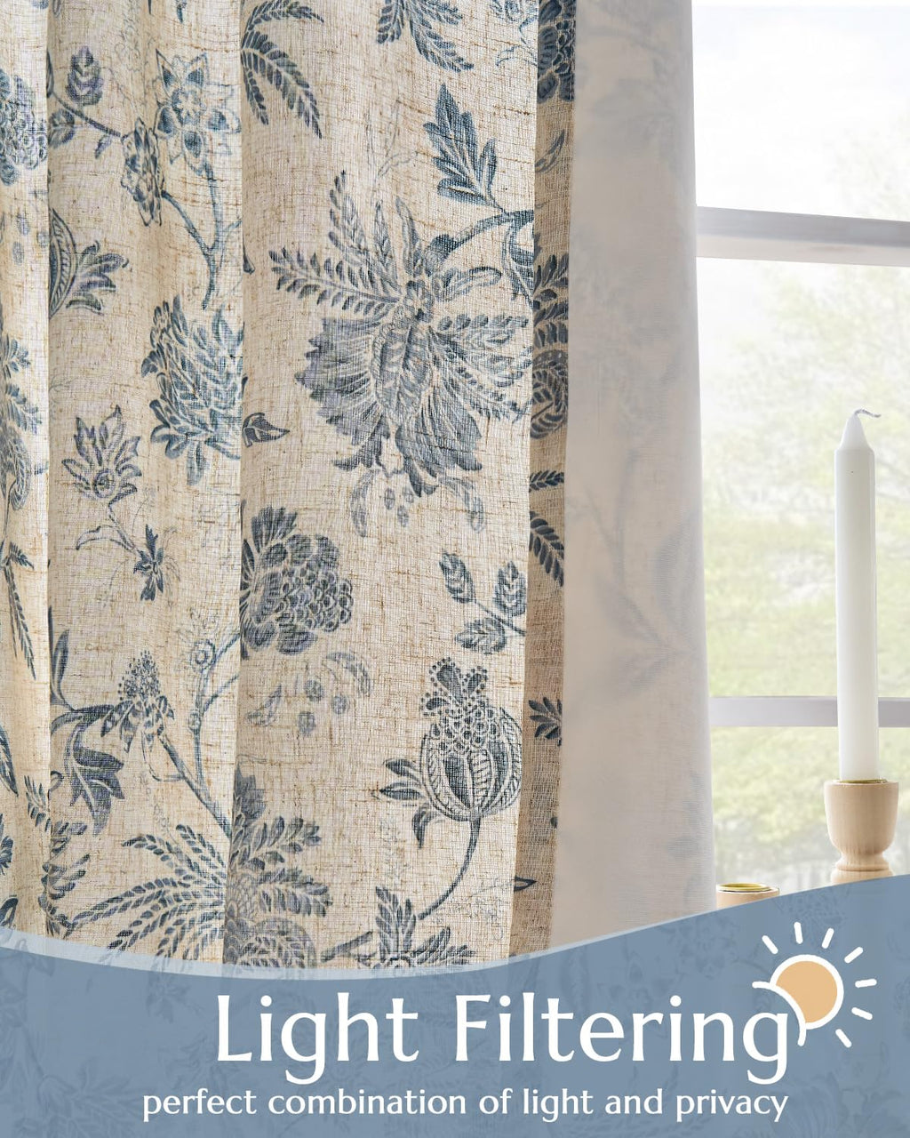 jinchan Lined Linen Floral Curtains for Living Room, 96 Inch Length Printed Flower Farmhouse Patterned French Country Back Tab Blue Window Drapes Set Privacy Bedroom Curtains, 2 Panels