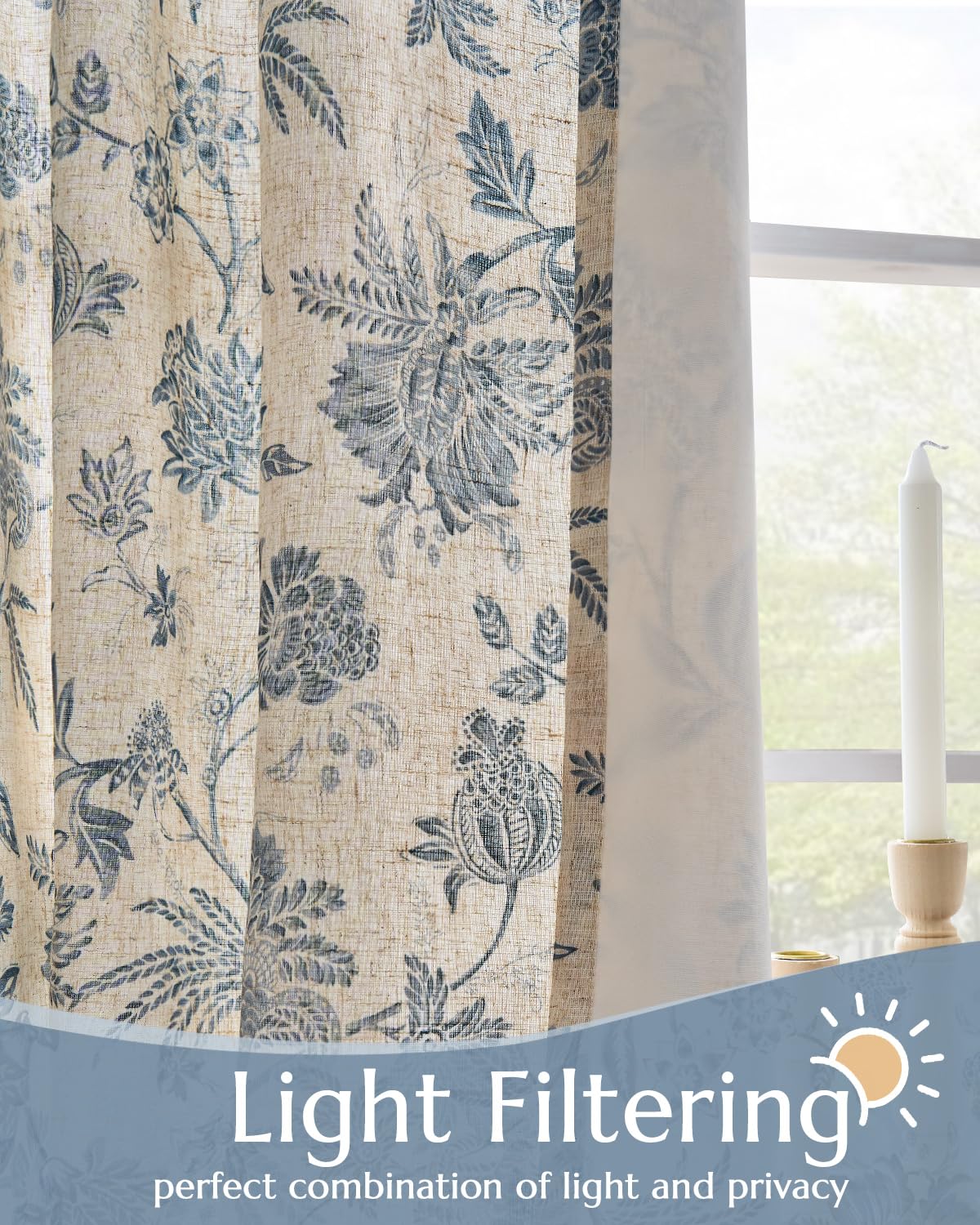 jinchan Lined Linen Floral Curtains for Living Room, 84 Inch Length Printed Flower Farmhouse Patterned French Country Back Tab Blue Window Drapes Set Privacy Bedroom Curtains, 2 Panels