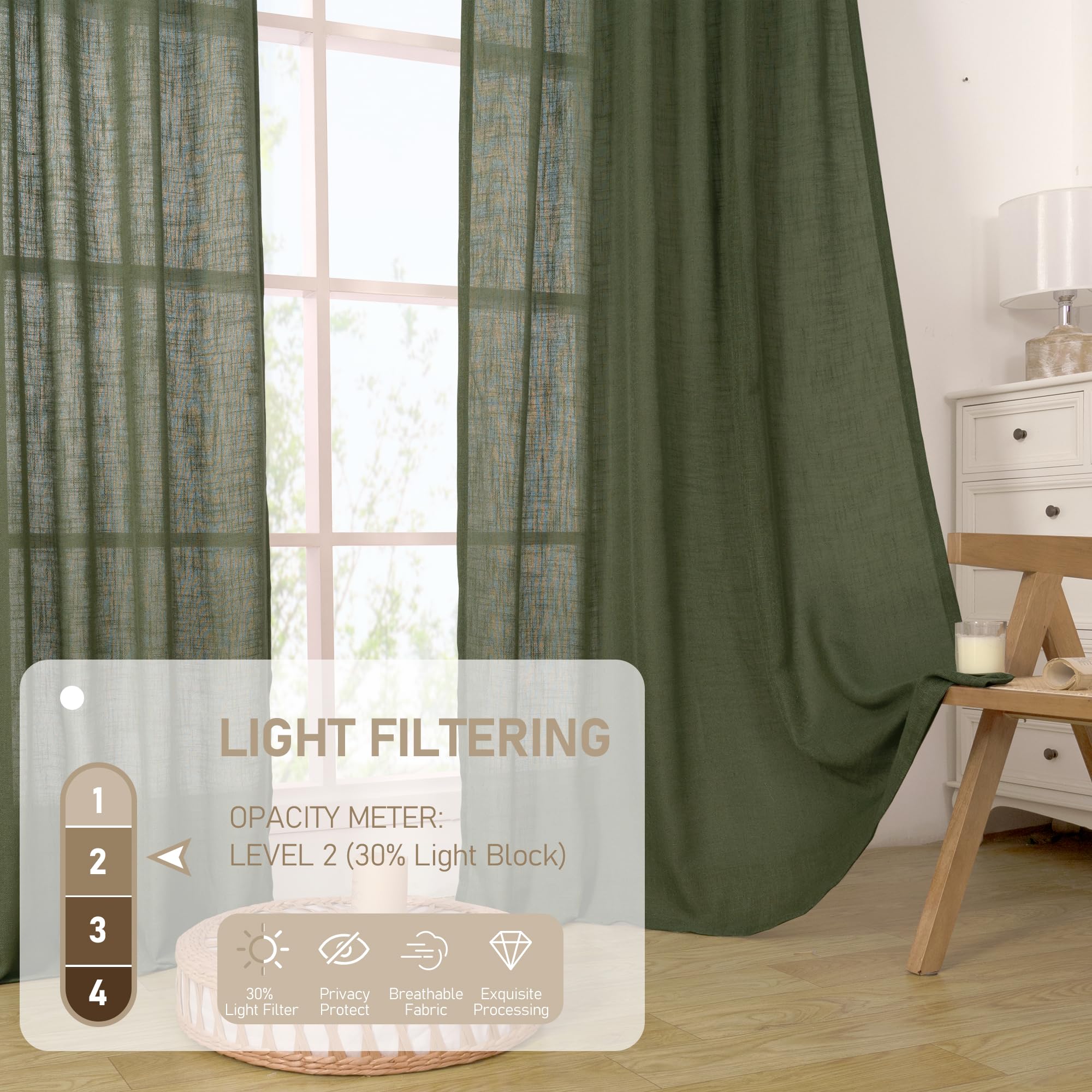 LAMIT Olive Green Linen Semi Sheer Curtains 45 Inch for Bedroom Window