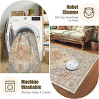 Washable Area Rug 8' x 10' Vintage Traditional Persian Mat - Foldable Distressed Non-Slip Machine Washable Carpet for Living Room Bedroom Kitchen Home Decor - Dove Gray and Coral