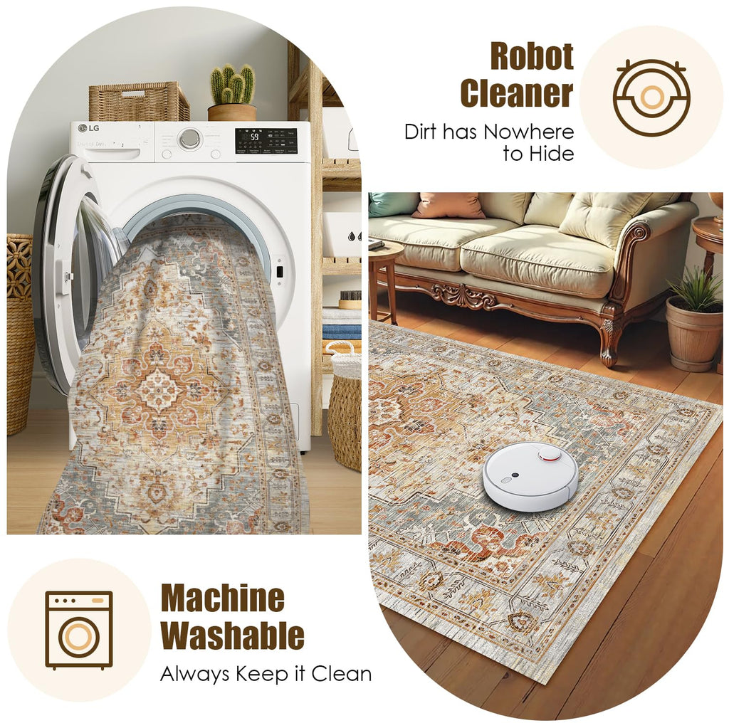 Washable Area Rug 3' x 5 ' Vintage Traditional Persian Mat - Foldable Distressed Non-Slip Machine Washable Carpet for Living Room Bedroom Kitchen Home Decor - Dove Gray and Coral