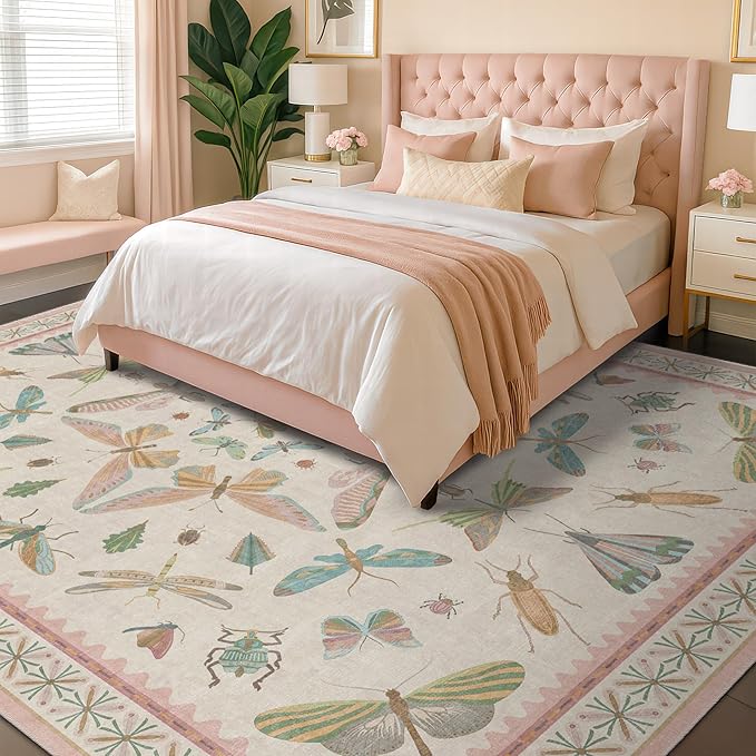 Hazo Haus 7x9 Cute Insect Rugs for Girls Bedroom - Pink and Blue Washable Floral Living Room Rugs, Dining Room Under Table, Insect Print Whimsical Indoor Décor, Low Pile & Soft