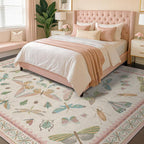 Hazo Haus 7x9 Cute Insect Rugs for Girls Bedroom - Pink and Blue Washable Floral Living Room Rugs, Dining Room Under Table, Insect Print Whimsical Indoor Décor, Low Pile & Soft