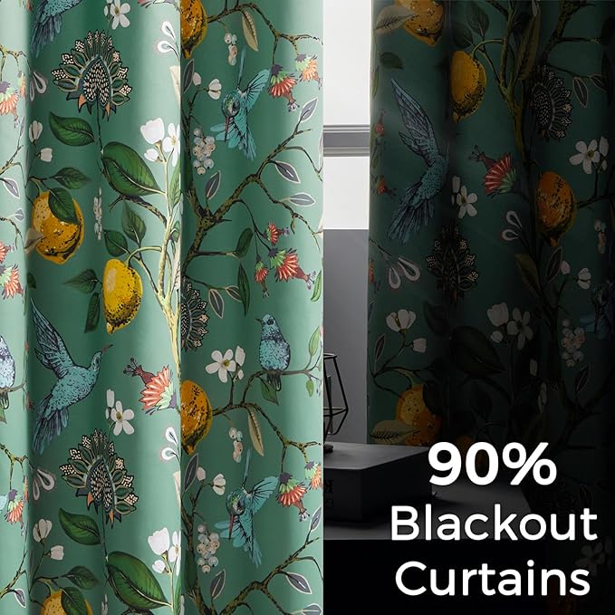 Topfinel 102 Inches Long Vintage Cottagecore Chinoiserie Curtains & Drapes Botanical Floral Flower Lemon Hummingbird Patterned Sage Green Pioneer Woman Blackout Curtains 2 Panels Living Dining Room