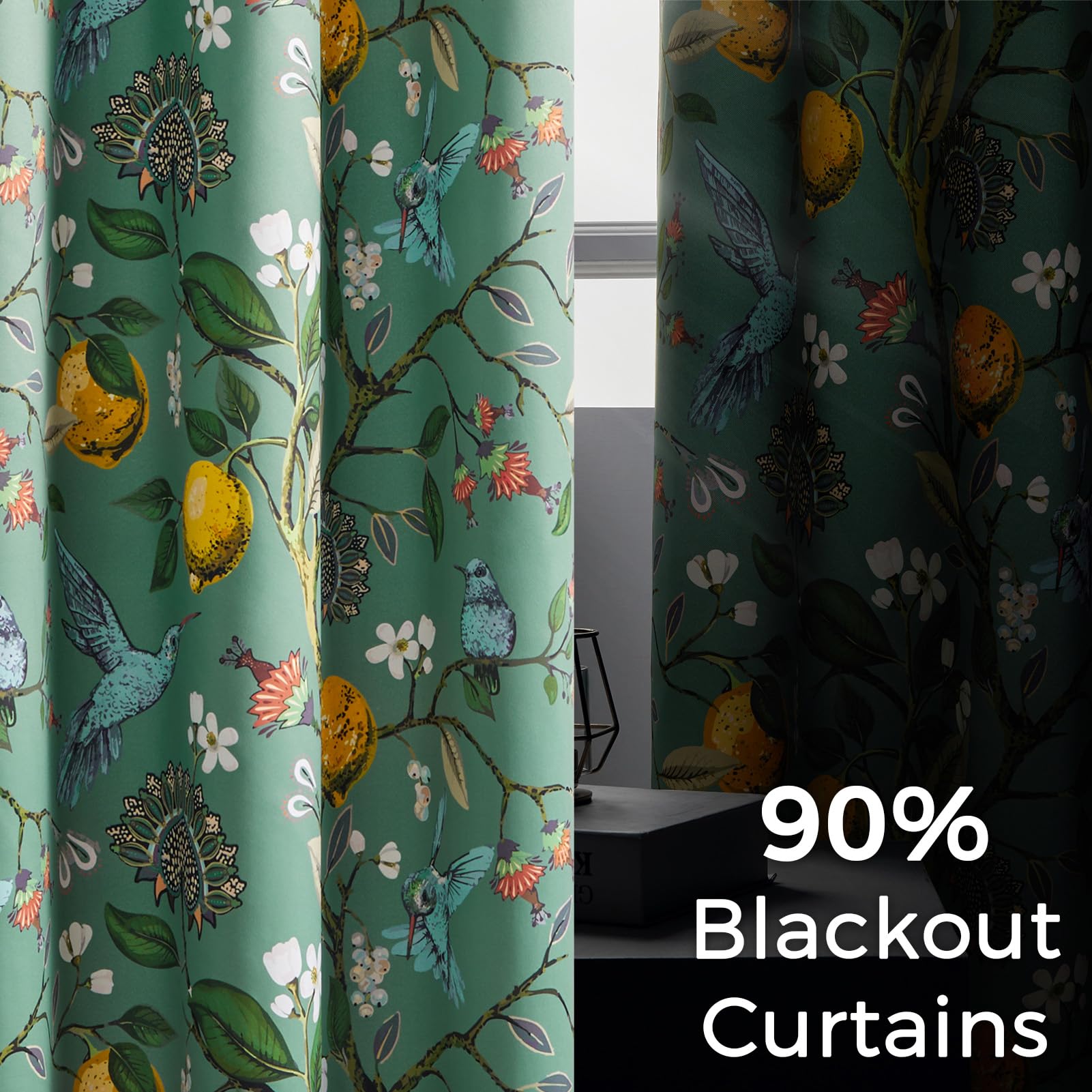 Topfinel Kitchen Curtains 45 Inch Length Floral Spring Curtains for Cafe, Vintage French Country Grommet Botanical Hummingbird Woodland Victorian Patterned Sage Green Blackout Curtains 45 Inches Long
