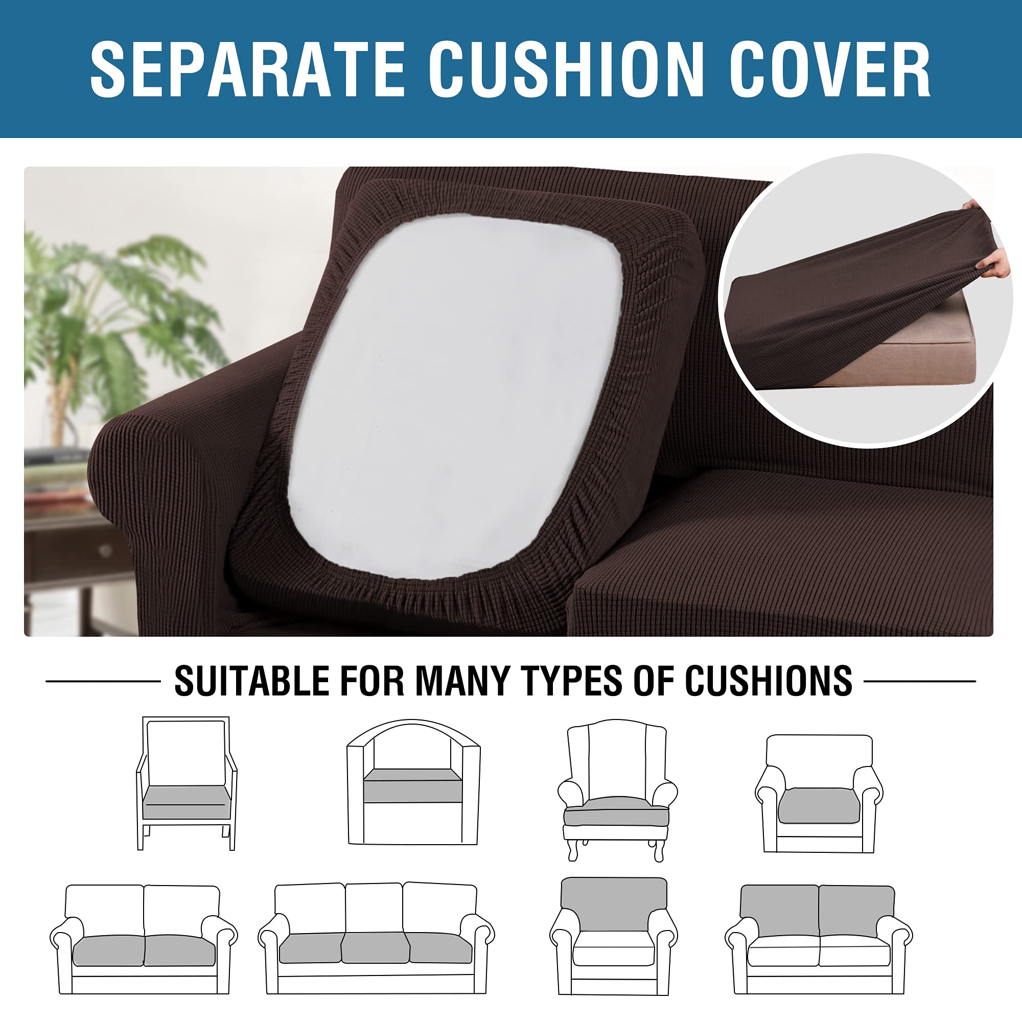 H.VERSAILTEX 4 Piece Stretch Sofa Covers for 3 Cushion Couch Covers for Living Room Furniture Slipcovers (Base Cover Plus 3 Seat Cushion Covers) Upgraded Thicker Jacquard Fabric (Sofa, Chocolate)