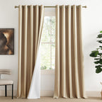 NICETOWN 100% Blackout Camel Linen Curtains 120 inches Length with Thermal Insulated Liners, 2 Panels, 62 inches W, Farmhouse Style Room Cooling Small Window Draperies for Dining Room