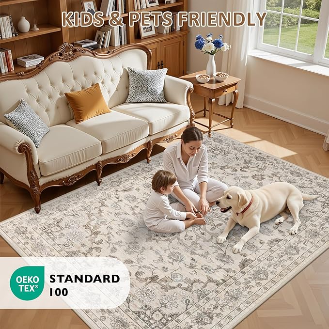 5x7 Area Rugs Living Room Rug: Washable Vintage Distressed Floral Rug No Slip Stain Resistant Soft Carpet Indoor Large Carpets for Bedroom Dining Room Farmhouse Nursery Hallway Home Office Brown Beige