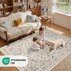 Area Rugs 9x12 Living Room Rug: Washable Rug Soft Vintage Distressed Floral Carpet Indoor Non-Slip Stain Resistant Large Carpets for Bedroom Dining Room Farmhouse Nursery Home Office Brown Beige