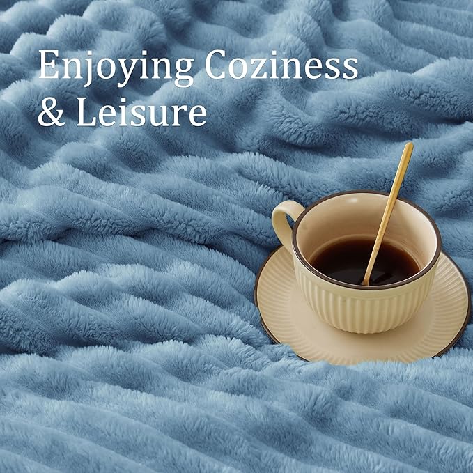 BEDELITE Full Size Blanket for Bed, 300GSM Soft & Warm Fleece Light Blue Blanket, Decorative and Giftable Striped Blankets for Women, Men, 84"x90"