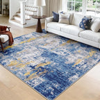Washable Area Rugs Square 8ft Non-Slip Modern Abstract Soft for Living Room Entryway Bedroom Nursery, Print Pattern, Grey Blue Gold/Golden