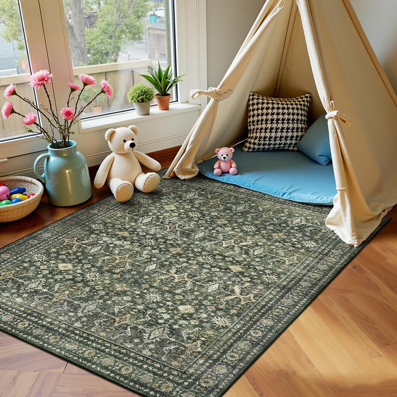 4x6 Area Rugs for Entryway, Green Washable Non-Slip Area Rug for Kitchen