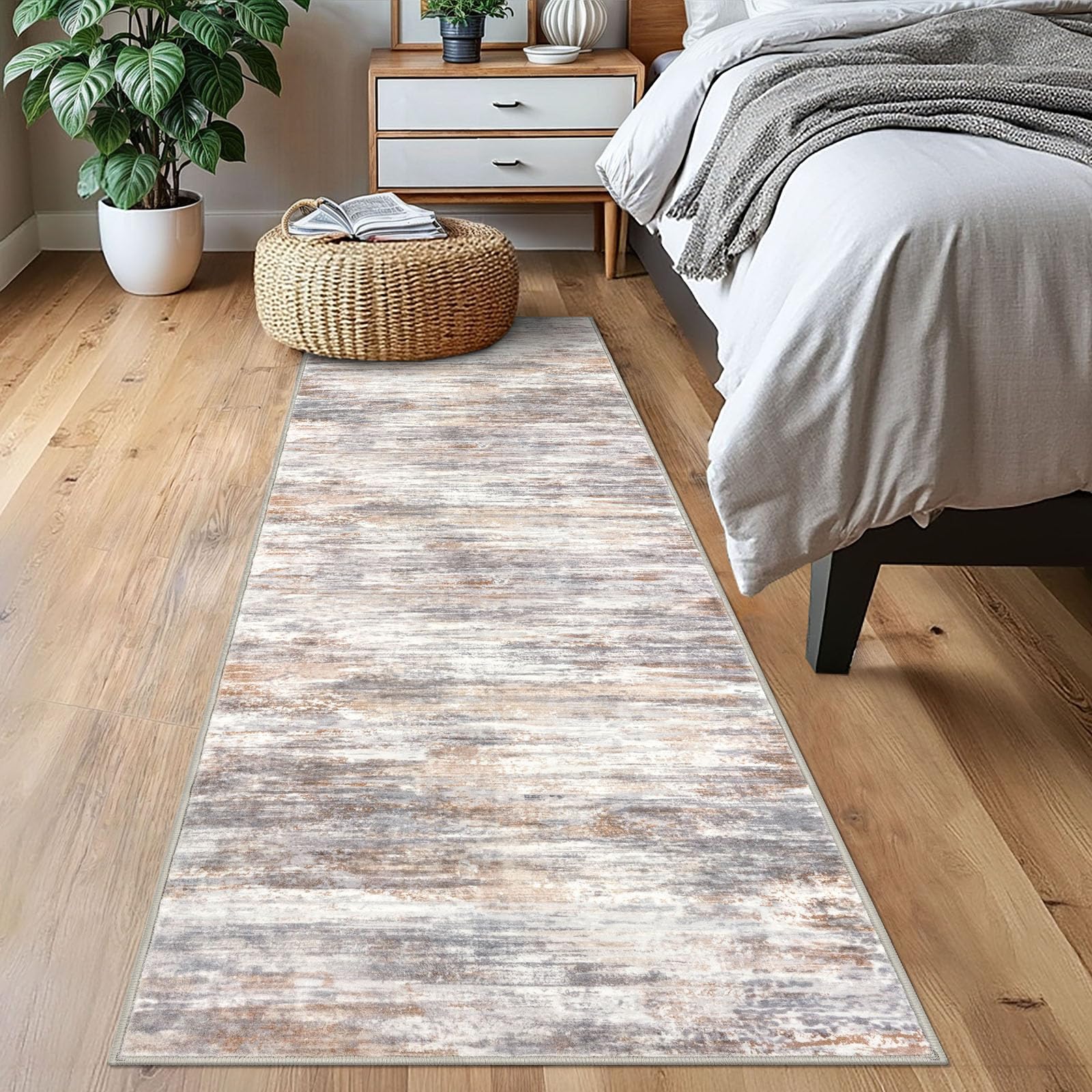 KOZYFLY Modern Abstract Washable Rug Runner 2x7 Hallway Runner Rug Non-Slip Soft Kitchen Runner Rugs, Print Multi Grey/Orange Striped Carpet Runner for Entryway Bathroom