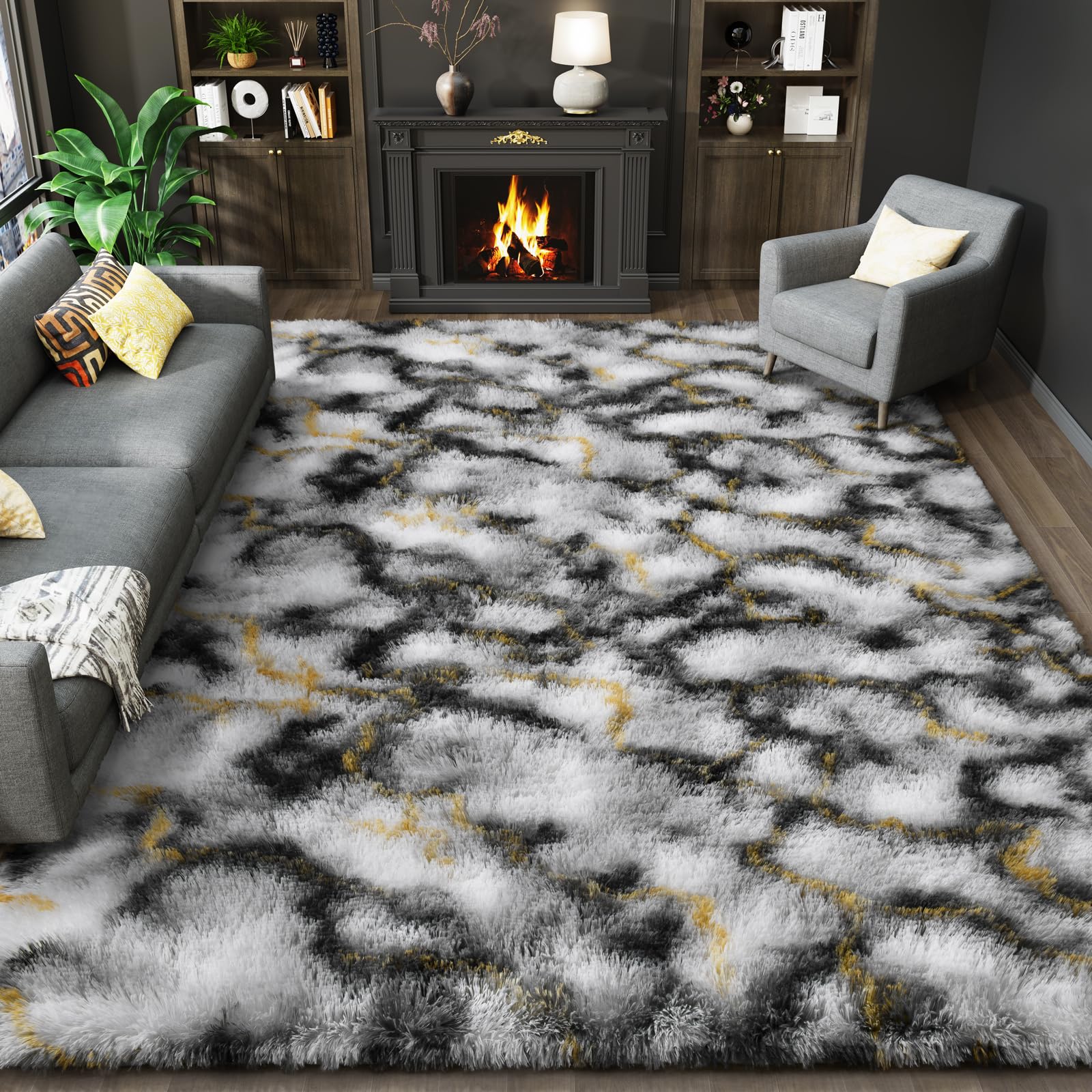 LOCHAS Area Rugs Fluffy Living Room Carpets for Kids Bedroom 6x9, Grey-Gold