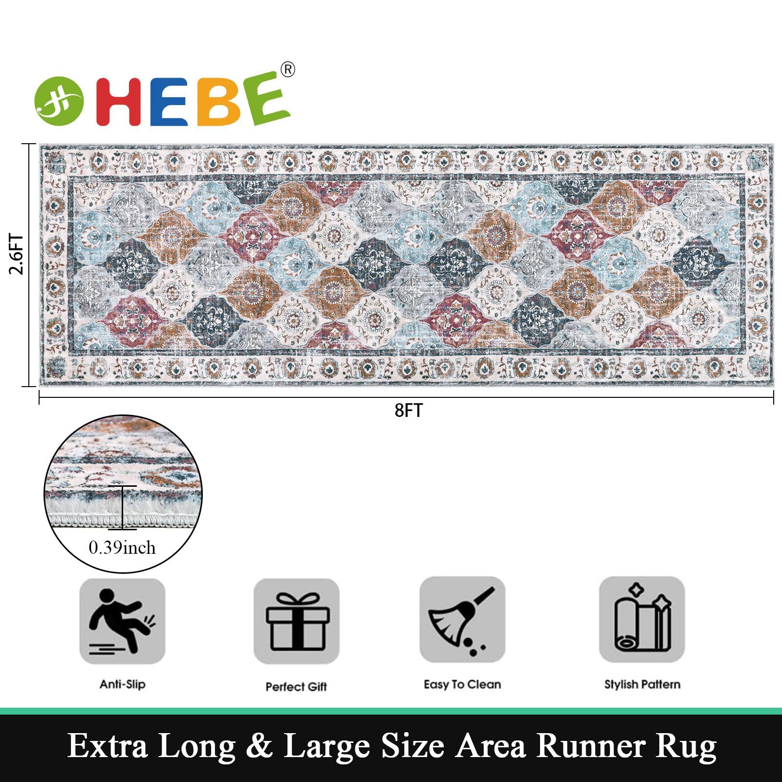 HEBE Hallway Runner Rug 2'8''x8', Washable Non Slip Kitchen Rug Runner