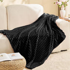 BEDELITE Ribbed Jacquard Black Fleece Throw Blanket for Couch, 50x70 Inch
